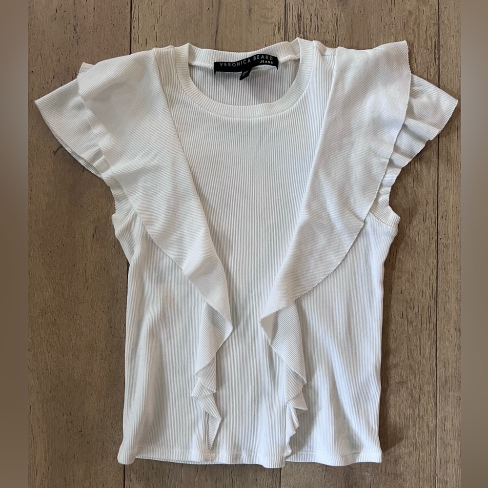 Veronica Beard ribbed white sleeve tshirt with ruffles. XS